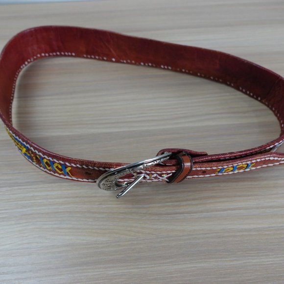 Belt‎ Womens Brown Leather Western Buckle XS Native Cowgirl Aztec Hippie Tribal main image 8